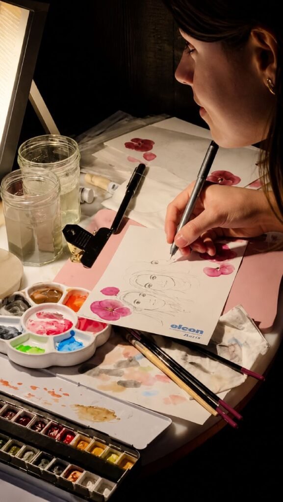 Amélie-Rose Boudjema creating live sketching portraits during a luxury event in Paris.
